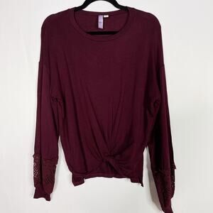Alya Burgundy Red 2XS XXS Twist Front Lace Inset Long Sleeve Top Modal Stretch